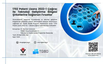 TÜBİTAK & TGBD İş Birliği / 1702 Patent Lisans 2022-1 Çağrısı ile Teknoloji Geliştirme Bölgesi Şirketlerine Sağlanan Fırsatlar